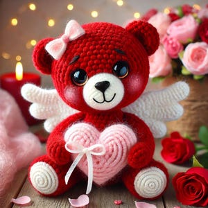 Peut inclure: Un ours en peluche rouge crocheté avec des ailes blanches et un cœur rose. L'ours porte un nœud rose et a une expression douce.