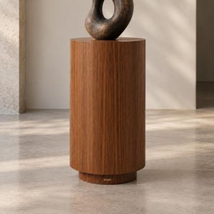 May include: A dark brown, textured, organic-shaped sculpture with a central void, resting atop a tall, cylindrical wooden pedestal with a vertical grain pattern and a small rectangular metallic label near the base.
