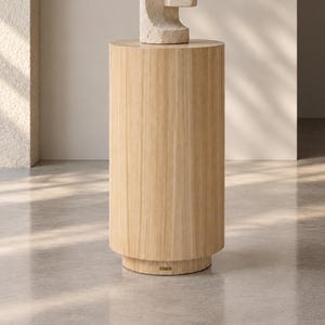 Pode incluir: Um pedestal cilíndrico de madeira clara com acabamento de grão liso e uma pequena placa metálica retangular na base. No topo, repousa uma escultura abstrata feita de pedra bege porosa com blocos geométricos empilhados e curvas.