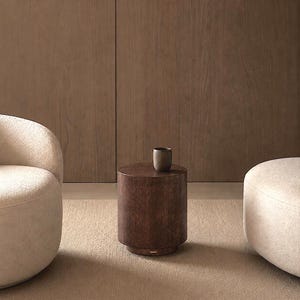 Dark Brown Oak Wood Veneer Pedestal Side Table , Cylindrical Design, Round coffee table