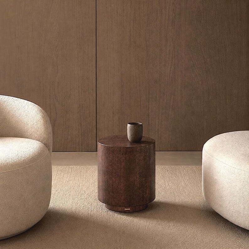 Dark Brown Oak Wood Veneer Pedestal Side Table , Cylindrical Design, Round coffee table image 1