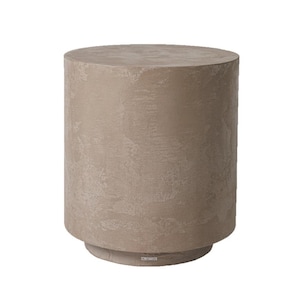 May include: A cylindrical, beige-colored side table with a textured surface. The table has a round top and a slightly wider base, creating a stable design. The neutral color and simple shape make it suitable for various interior styles.