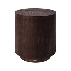 May include: A dark brown, cylindrical side table with a round top and a slightly wider base. The wood grain is visible, giving the table a natural look. The table is approximately 20 inches in diameter and 20 inches tall.