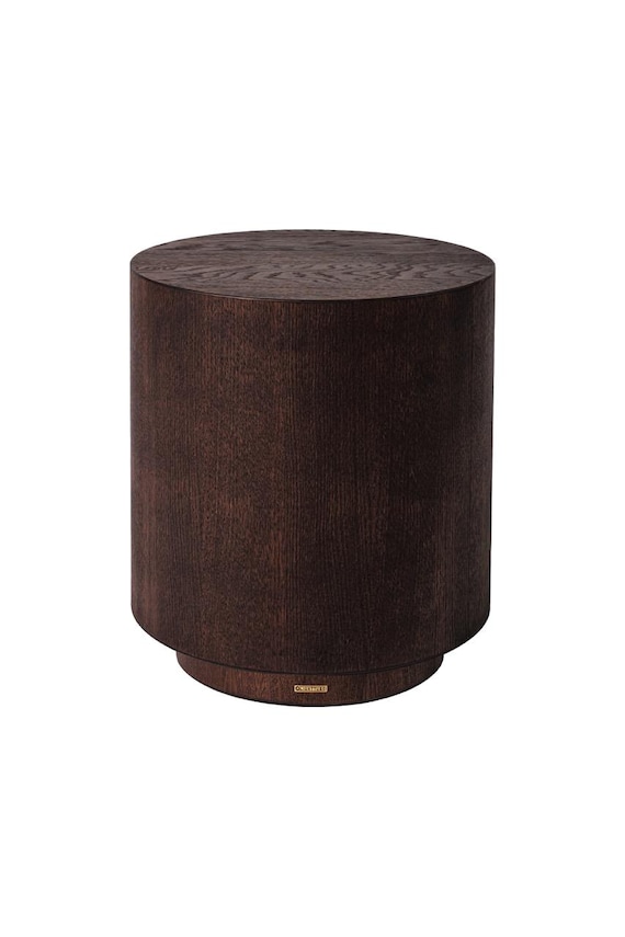 Dark Brown Oak Wood Veneer Pedestal Side Table , Cylindrical Design