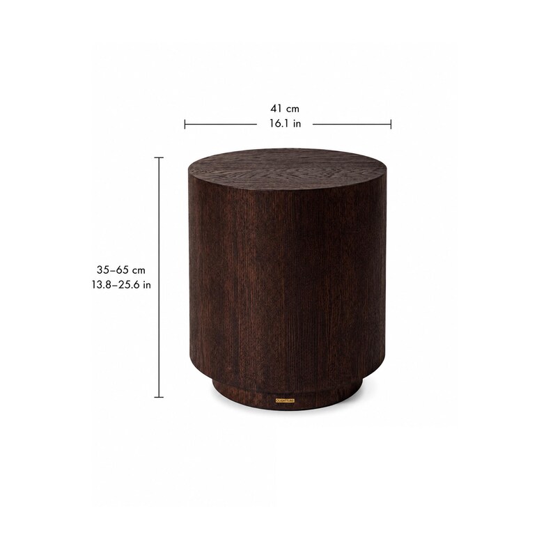 Dark Brown Oak Wood Veneer Pedestal Side Table , Cylindrical Design, Round coffee table image 2