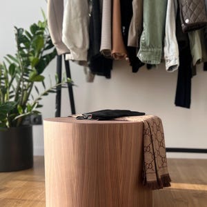 May include: A wooden, cylindrical side table with a scarf and a black item on top. A clothing rack with various garments hangs in the background. A potted plant is on the left side of the image.