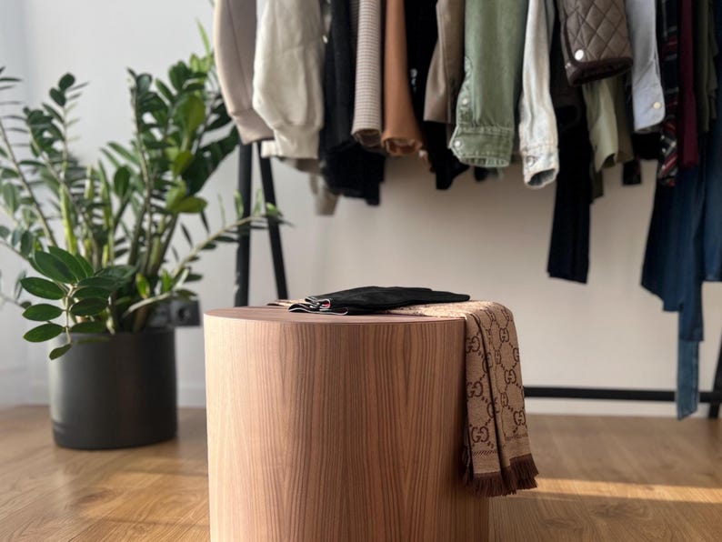 May include: A wooden, cylindrical side table with a scarf and a black item on top. A clothing rack with various garments hangs in the background. A potted plant is on the left side of the image.