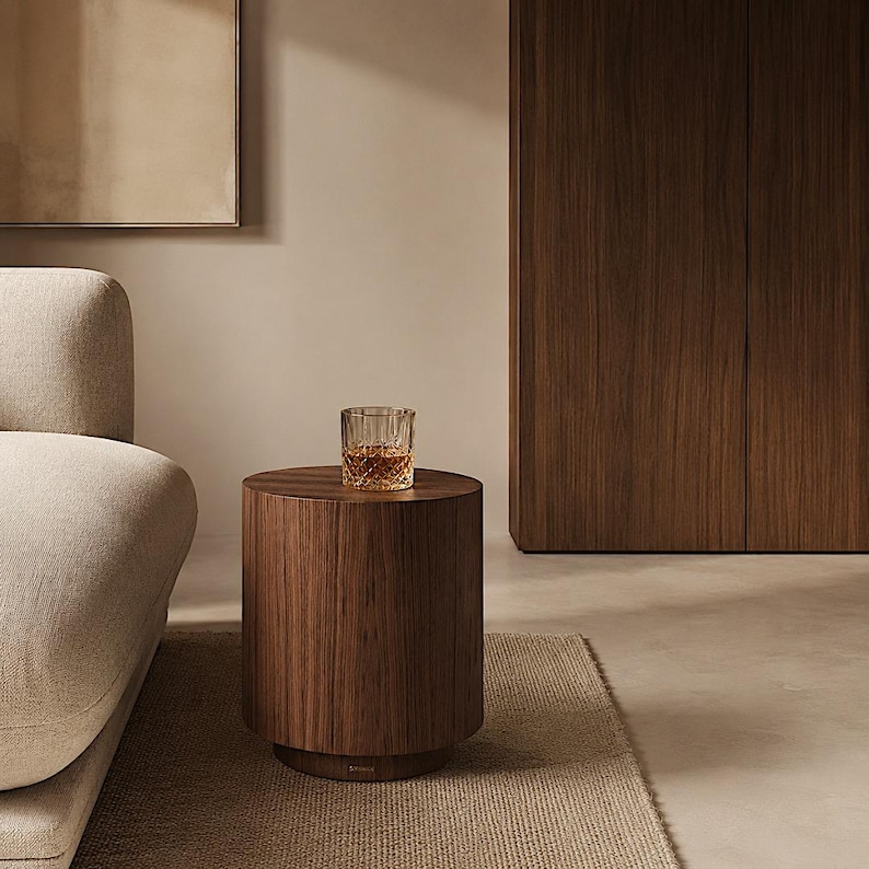 Walnut Wood Veneer Pedestal Side Table , Cylindrical Design image 2