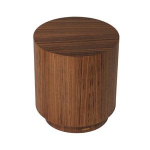 May include: A cylindrical wooden side table with a rich, dark brown wood grain finish. The table has a flat top and a slightly wider base, creating a sturdy and modern design. The wood grain is vertical, adding visual interest.
