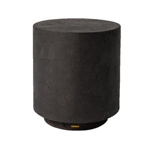 May include: A dark gray, cylindrical side table with a textured surface. The table has a round top and a slightly wider base, creating a sturdy, modern design. The table is suitable for indoor or outdoor use.
