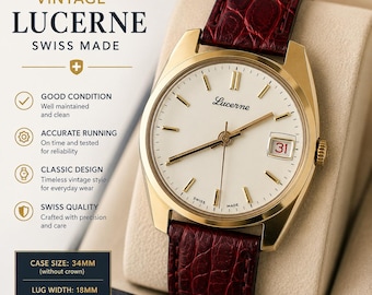 Vintage Lucerne Swiss Made Men’s Watch Manual Wind Gold Tone Classic Retro Wristwatch 34mm Rare Everyday Swiss Vintage Watch Gift