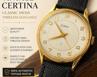 Vintage CERTINA Swiss Made Mechanical Watch Men Gold Plated Rare Classic Wristwatch Original Retro Luxury Collectible Swiss Dress Watch 32mm