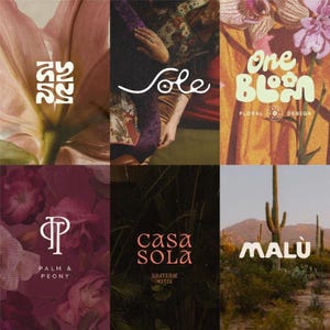 May include: A collection of six images showcasing logos and branding. The logos include the words "Sole", "One Bloom Floral Design", "Casa Sola Boutique Hotel", and "Malu". Other logos feature stylized text and floral elements. The color scheme includes pinks, oranges, and greens.