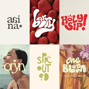 Può includere: Un collage di sei design grafici che presentano il testo asina con una stella, berry su uno sfondo di fragole, holy sip in rosso, aryn su un ritratto di profilo, sprouted in verde e one bloom floral design con fiori viola e tessuto giallo.