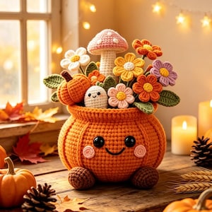 Handmade Crochet Pumpkin Flower Pot, Cute Fall Desk & Tiered Tray Decor, Halloween and Harvest Festival Gift for Coworker, Friend, Family.
