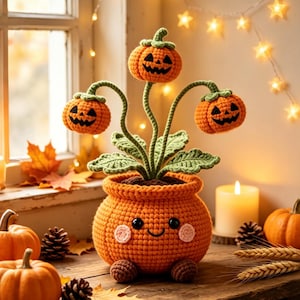 May include: A crocheted orange pumpkin-shaped pot with a smiling face, pink cheeks, and brown feet. Three green stems emerge from the top, each topped with a small, crocheted orange jack-o'-lantern featuring a stitched black face.