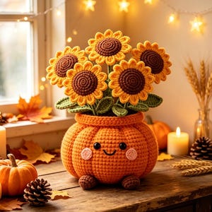 May include: A crocheted orange pumpkin planter with a smiling face, pink cheeks, and small brown feet, containing a bouquet of five yellow and brown crocheted sunflowers with green leaves, crafted with detailed yarn texture and visible stitching.