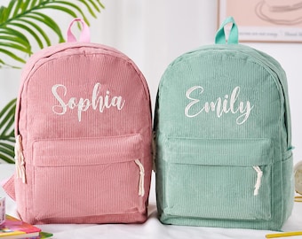 Rugzak voor kinderen met borduursel, gepersonaliseerde schooltas voor peuters, aangepaste corduroy rugzak met naam, boekentas voor kinderdagverblijf, terug naar school cadeau voor kinderen.