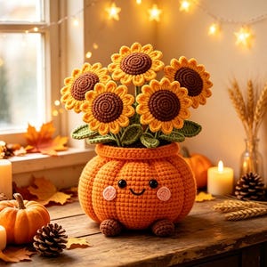 Handgemaakte gehaakte pompoenbloempot, schattige herfstdecoratie voor bureau en etagère, Halloween- en oogstfeestcadeau voor collega, vriend of familie.