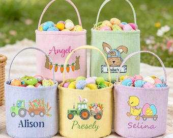 Cesta de Pascua de seersucker personalizada con nombre, cesta de conejo personalizada, regalos de búsqueda de huevos de Pascua, regalo reutilizable para niños pequeños, recuerdo de Pascua 2026.