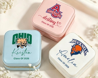Custom University Logo Leather Jewelry Box, Personalized Graduation Jewelry Organizer, College Dorm Gift, Class Of 2026.