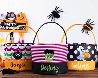 Custom Halloween Basket,Personalized Halloween Bucket, Trick or Treat Candy Bag,Halloween Candy Tote,Halloween Gift For Kids,Halloween Party