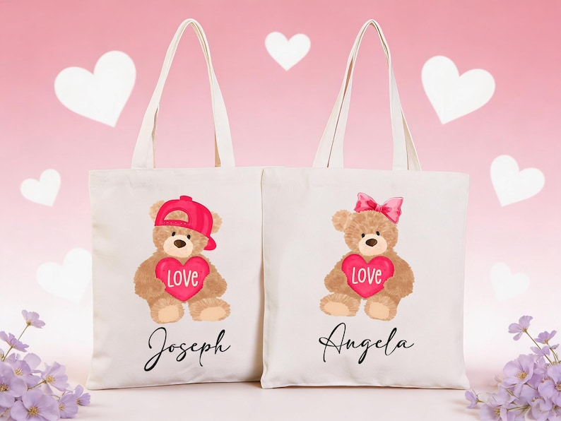 Personalized Valentines Day Gift Bags, Kids Goodie Bag,Custom Name Treat Tote Canvas Bag,Valentines Exchange Bag,Classmate Gifts For Him/Her image 2