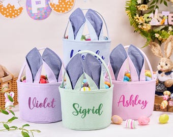 Personalized Easter Basket With Name,Custom Easter Bunny Basket,Embroidered Easter Basket,Easter Egg Hunt Basket,Easter Gift for Kids