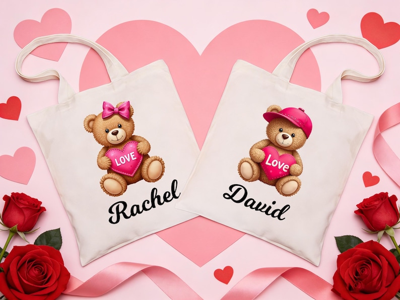 Personalized Valentines Day Gift Bags, Kids Goodie Bag,Custom Name Treat Tote Canvas Bag,Valentines Exchange Bag,Classmate Gifts For Him/Her image 5