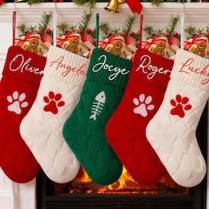 Geborduurde kerstsokken voor huisdier en gezin, gepersonaliseerde gebreide kous, kerstcadeau hond/kat, gebreide monogram kerstsok, kerstcadeau