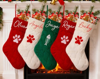 Embroidered Pet & Family Christmas Stockings,Personalized Knitted Stocking,Dog/Cat Christmas Gift,Monogram Knit Christmas Stocking,Xmas Gift