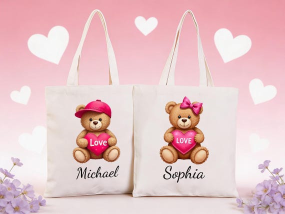 Personalized Valentines Day Gift Bags, Kids Goodie Bag,Custom Name Treat Tote Canvas Bag,Valentines Exchange Bag,Classmate Gifts For Him/Her