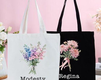 Custom Birth Month Flower Tote Bag for Woman, Personalized Canvas Tote Bag for Her, Girls Birthday Gifts for Mom, Bridesmaid Tote Gifts.