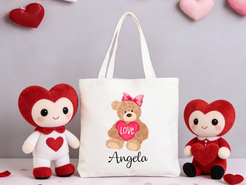 Personalized Valentines Day Gift Bags, Kids Goodie Bag,Custom Name Treat Tote Canvas Bag,Valentines Exchange Bag,Classmate Gifts For Him/Her image 4