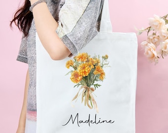 Custom Birth Month Flower Tote Bag for Woman, Personalized Canvas Tote Bag for Her, Girls Birthday Gifts for Mom, Bridesmaid Tote Gifts.