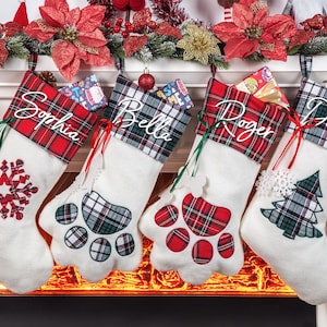 Personalized Paw Print Dog Christmas Stockings,Pet  and Adult Christmas Stockings,Monogrammed Pet Stockings,2025 Xmas Gift For Pet & Family.
