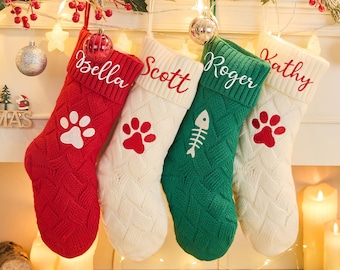 Custom Family Christmas Stocking,Embroidered Pet & Adult  Xmas Stocking, Knitt Name Stockings, Personalized Xmas Stocking Set,Christmas Gift