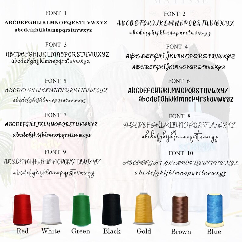 May include: Image showcasing ten different font styles, each displaying the alphabet in uppercase and lowercase. Below, a color palette of thread spools in red, white, green, black, gold, brown, and blue is presented.