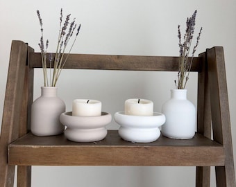 Set of Two Smooth Concrete Vase and Double-Round Candle Holder