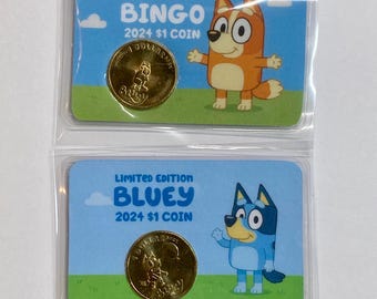 Moneda de Bluey y Bingo en tarjeta personalizada
