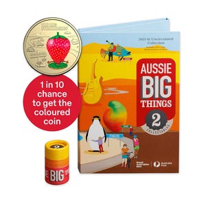 Peut inclure: Ensemble de collection Aussie Big Things 2. L'ensemble comprend une pièce avec un motif de fraise rouge, un cercle rouge avec du texte et une boîte colorée avec des illustrations. La pièce porte l'inscription "THE BIG STRAWBERRY".