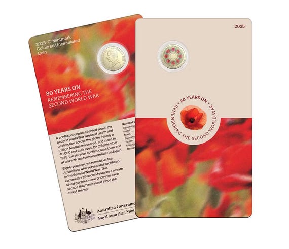 2025 'C' Mintmark Coloured Uncirculated Coin in Card – 80 Years On