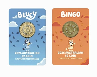 Moneda de 2 dólares de Bluey & Bingo de 2026 en colores, en tarjeta personalizada (Preorden)