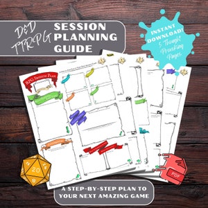 May include: A printable Dungeons and Dragons (D&D) tabletop role-playing game (TTRPG) session planning guide with five thought-provoking pages. The guide includes a step-by-step plan to help you create your next amazing game.