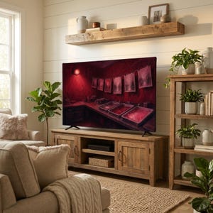 May include: A flat-screen television displaying a darkroom scene with red lighting, hanging photographic prints, and three developing trays on a counter, positioned on a rustic wooden media console in a living room with plants and shelving.