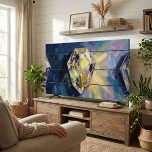 Peut inclure: Un téléviseur à écran plat affichant une peinture abstraite d'une pierre précieuse à facettes dans des tons bleu profond, jaune et blanc avec des accents dorés. Le téléviseur repose sur un meuble multimédia en bois rustique avec étagères.