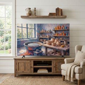 Pottery Studio Home TV Cover Decor - Potter Wheel Clay Jar Print - Vibrant Clay Art