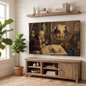 May include: A rectangular wall art print depicting a person in historical attire reading a large book titled Alchemical Treaty. Beside the book sits a large ornate globe featuring illustrations of figures and a witch. The scene is set in a library.
