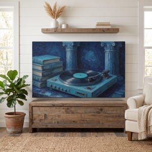 Cyan Vintage Turntable TV Cover Wall Art - Classical Column Audiophile Vinyl Record Collector Decor
