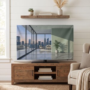 Puede incluir: Una funda rectangular para pantalla de televisión con una imagen impresa de un balcón moderno con vistas a un horizonte urbano al atardecer, con una pared verde y una planta en maceta visibles en el primer plano de la escena impresa.